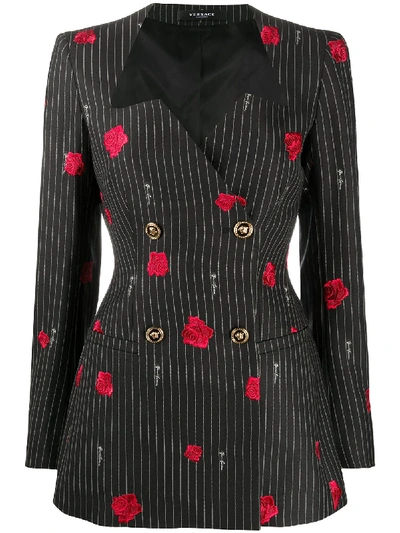 Shop Versace Rose-embroidered Pinstripe Blazer In Black