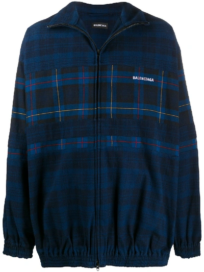 Shop Balenciaga Check Print Zip-up Jacket In Blue