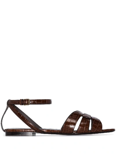 Shop Saint Laurent Tribute Crocodile-effect Sandals In Brown