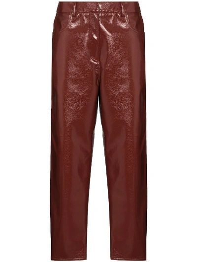 Shop Tibi Patent-effect Cropped Trousers In Brown
