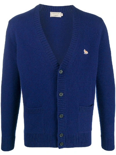 Shop Maison Kitsuné Logo Embroidered Cardigan In Blue