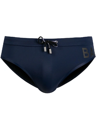 Shop Balmain Navy Swimming Trunks With Logo Print At The Side In Blue