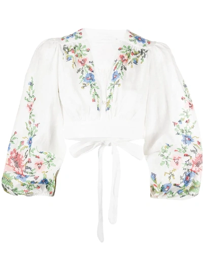 Shop Zimmermann Floral Embroidered Cropped Top In White