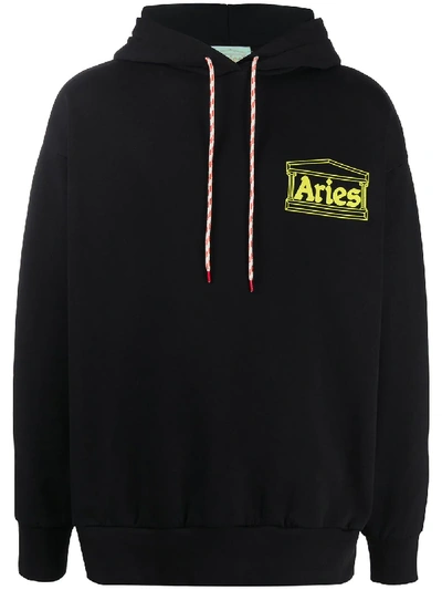 Shop Aries Logo Drawstring Hoodie In Black