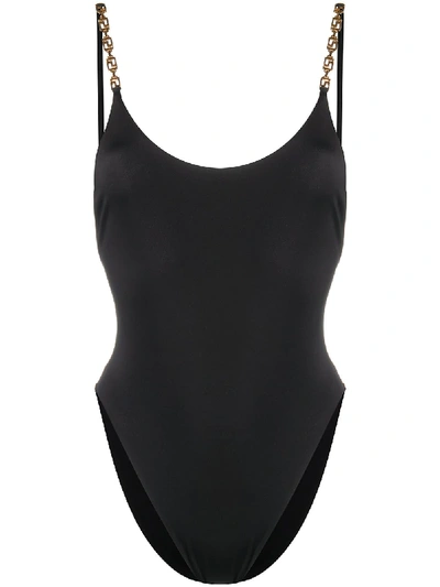 Shop Versace Greca Chain Swimsuit In Black