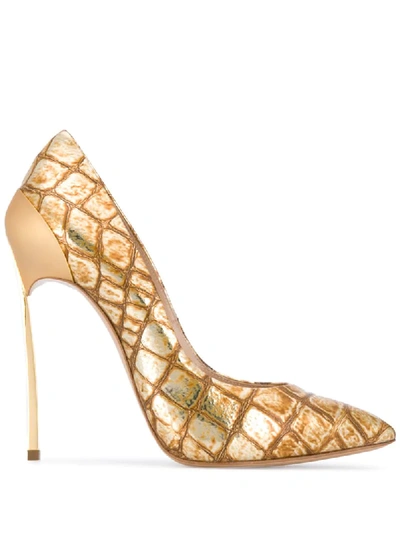 Shop Casadei Blade Crocodile-print Pumps In Gold