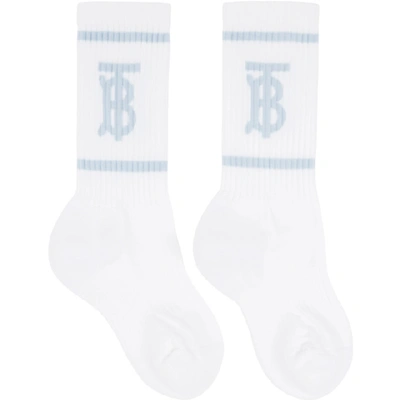 Shop Burberry White And Blue Monogram Socks In White Pale