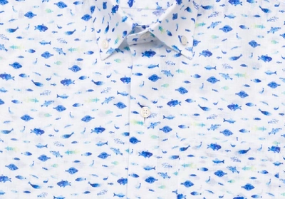 Shop Ledbury Men's Cobalt Short Sleeve Linen Fenbrook Print Casual Shirt Cobalt Blue Cotton/linen