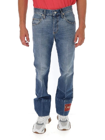Shop Gucci Flared Marble Washed Denim Jeans In Blue