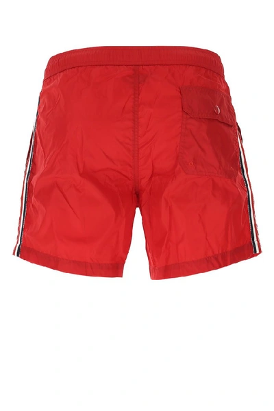 Shop Moncler Striped Logo Swim Shorts In Red