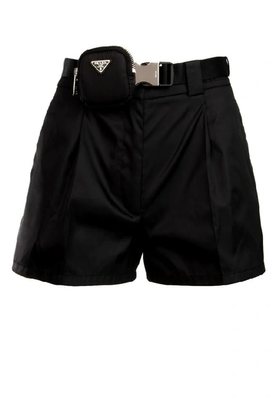 Shop Prada Belted Pouch Shorts In Black