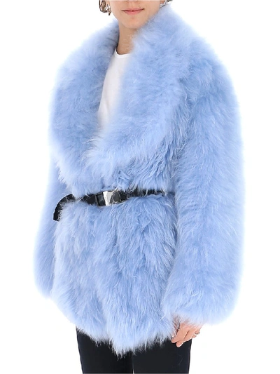 Shop Prada Belted Fur Coat In Blue