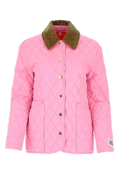 Shop Burberry Corduroy Collar Diamond Quilted Jacket In Pink