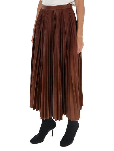 Shop Prada Pleated Midi Skirt In Brown