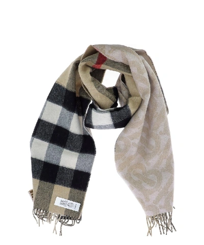 Shop Burberry Reversible Monogram Check Scarf In Beige