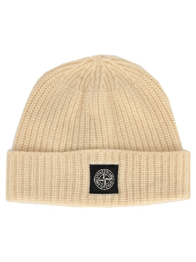 Shop Stone Island Ribbed Knitted Beanie In Beige