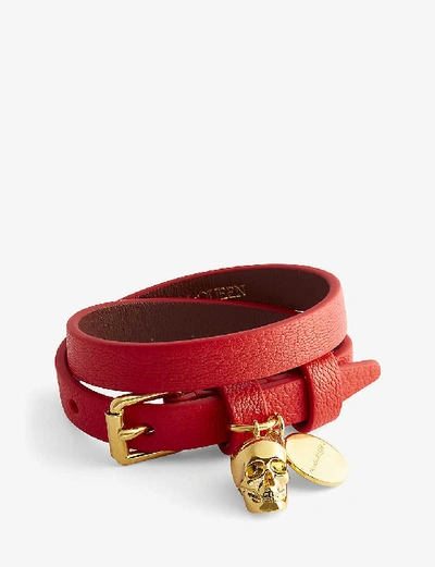 Shop Alexander Mcqueen Double-wrap Charm-embellished Leather Bracelet In Red/gold