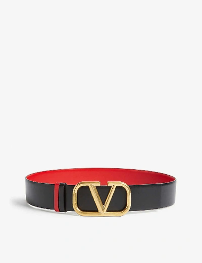 Shop Valentino Vlogo Reversible Leather Belt In Black/rouge Pur