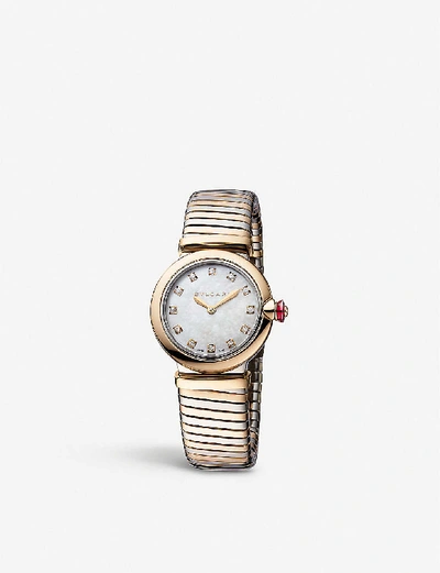 Shop Bvlgari 102952 Lvcea Tubogas 18ct Rose-gold, Mother-of-pearl And Diamond Watch In White