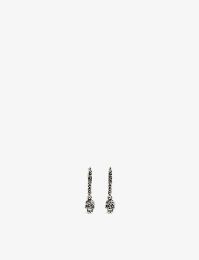 Shop Alexander Mcqueen Silver-plated Crystal-embellished Hoop Skull Earrings In Jet Hemattite