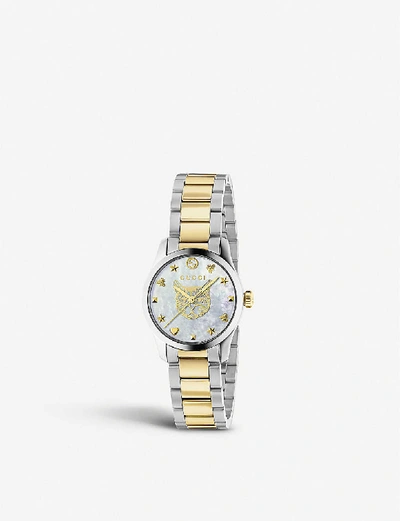 Shop Gucci Women's Mother-of-pearl Ya1265012 G-timeless 18ct Yellow Gold-plated Stainless-steel And Mothe