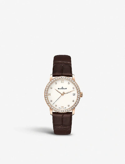 Shop Blancpain Womens Opalin Dial 6127-2987-55 Villeret Diamond Set And Leather Automatic Watch