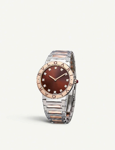 Shop Bvlgari 102924   Stainless Steel, 18ct Rose-gold And Diamond Watch In Brown