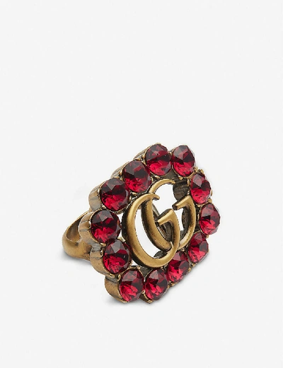 Shop Gucci Marmont Gold-toned And Crystal Ring In Brass