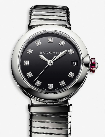 Shop Bvlgari 102951 Lvcea Tubogas Stainless Steel And Diamond Watch In Black