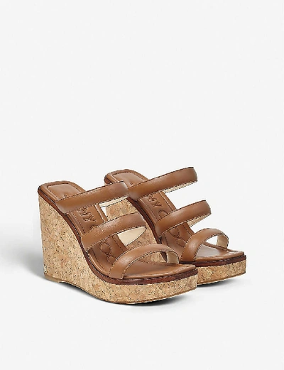 Shop Jimmy Choo Athenia 110 Leather Wedge Sandals In Cuoio