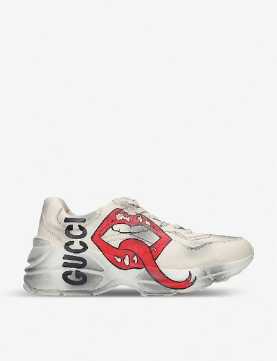 Shop Gucci Men's Beige/black/red Women's Rhyton Logo-print Leather Trainers