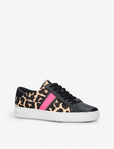 Shop Michael Michael Kors Irving Animal-print Leather And Mohair Trainers In Beige