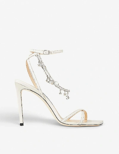 Shop Jimmy Choo Metz Chain-embellished Leather Heeled Sandals In Latte