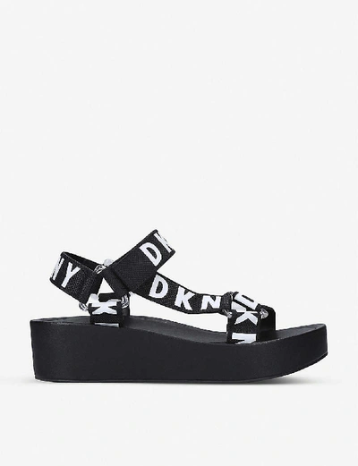 Shop Dkny Ayli Brand-print Woven Wedge Sandals In Black