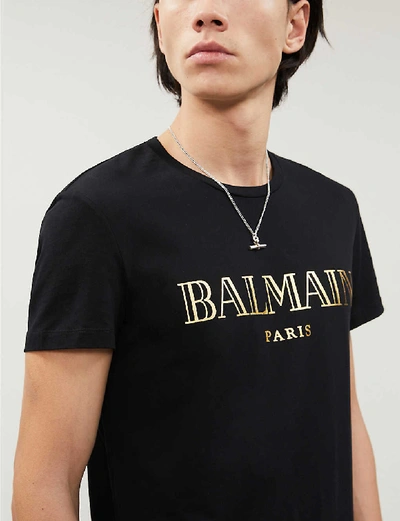 Shop Balmain Mens Black Gold Logo-print Cotton-jersey T-shirt L