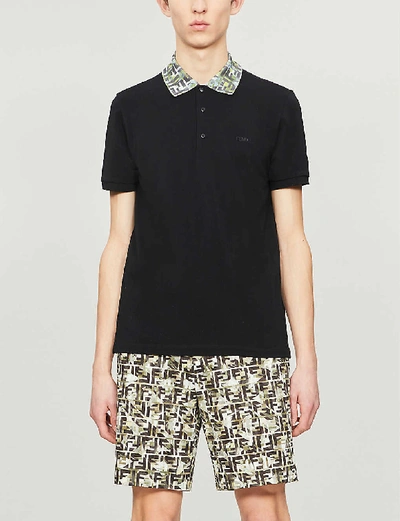 Shop Fendi Mens Nero Branded-collar Slim-fit Cotton-piqué Polo Shirt S