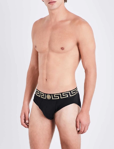 Shop Versace Mens Black Gold Iconic Slim-fit Stretch-cotton Briefs