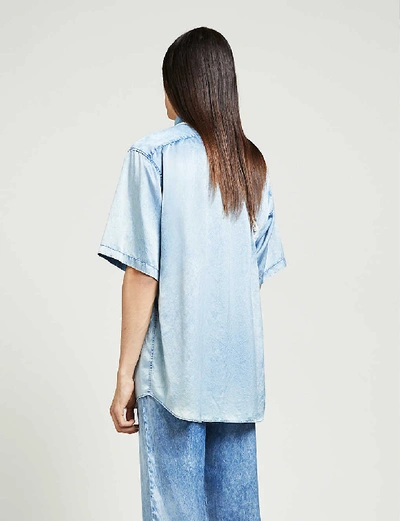 Shop Balenciaga Denim-print Relaxed-fit Satin-crepe Shirt In Indigo+acid+wash