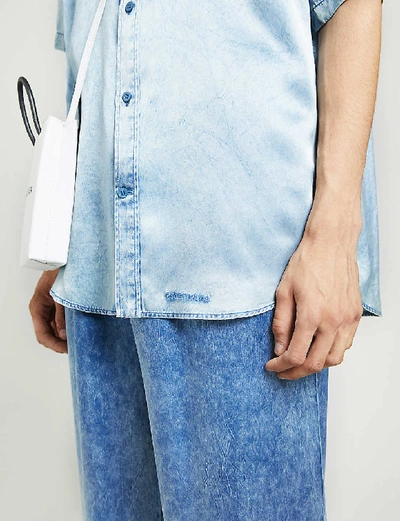 Shop Balenciaga Denim-print Relaxed-fit Satin-crepe Shirt In Indigo+acid+wash