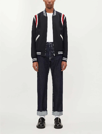 Shop Sandro Teddy Band Striped-trim Twill Jacket In Navy+blue