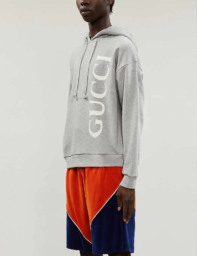 Shop Gucci Logo-print Cotton-jersey Drawstring Hoody In Medium+grey