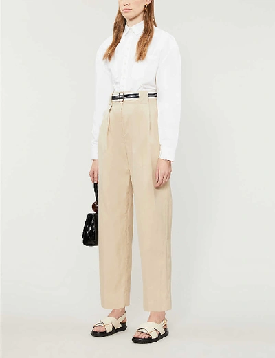 Shop Sandro Nylo Wide-leg High-rise Cotton-twill Trousers In Beige