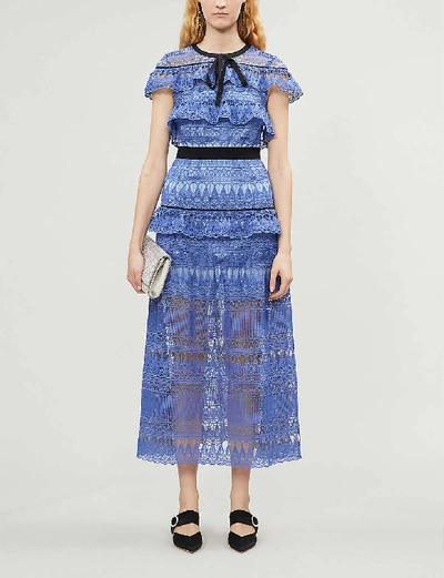 Shop Self-portrait Daphne Ruffled Guipure Lace Midi Dress In Cornflower+blue+blc