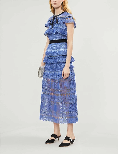 Shop Self-portrait Daphne Ruffled Guipure Lace Midi Dress In Cornflower+blue+blc