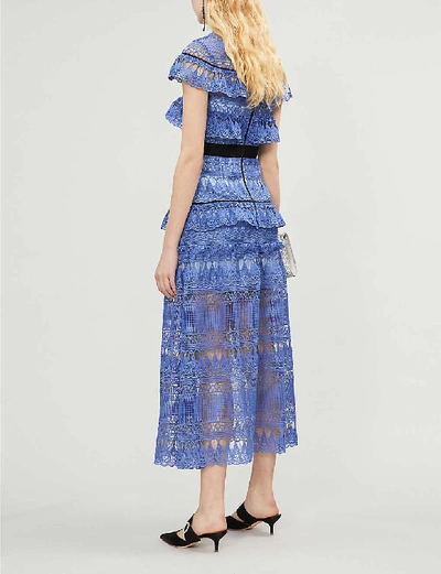 Shop Self-portrait Daphne Ruffled Guipure Lace Midi Dress In Cornflower+blue+blc