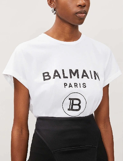 Shop Balmain Logo-print Cotton-jersey T-shirt In White+black