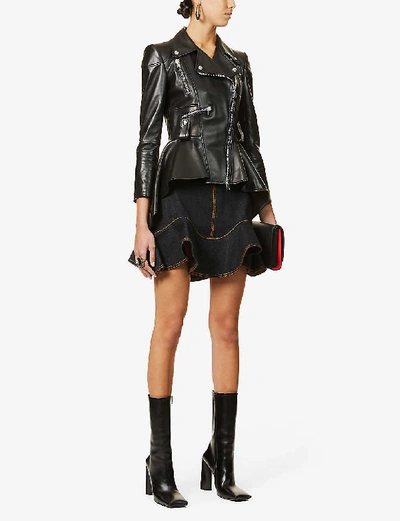 Shop Alexander Mcqueen Contrast-stitching High-waist Stretch-denim Mini Skirt In Black