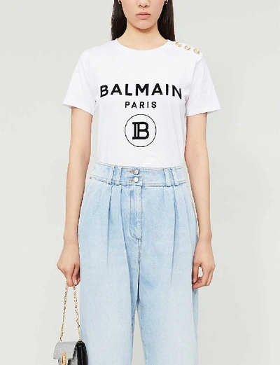 Shop Balmain Logo-print Cotton-jersey T-shirt In Blanc/noir