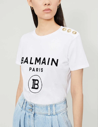 Shop Balmain Logo-print Cotton-jersey T-shirt In Blanc/noir