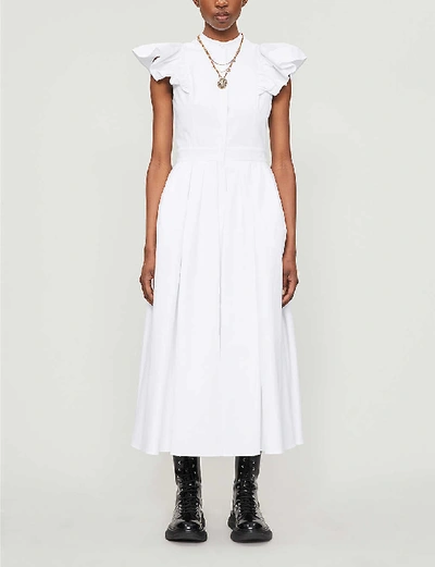 Shop Alexander Mcqueen Frilled-sleeve Cotton Midi Dress In Optical+white